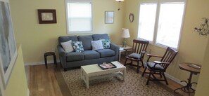 TV, fireplace, books