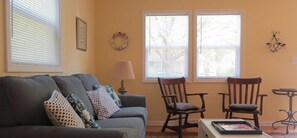TV, fireplace, books
