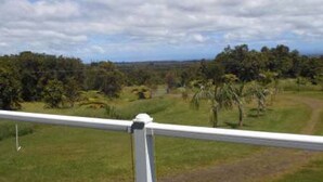Une vue depuis un balcon doté d’une balustrade, donnant sur un espace verdoyant avec des arbres et un ciel dégagé.