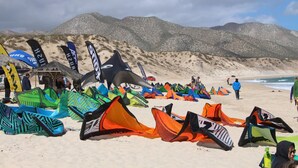 Una playa con numerosos cometas y banderas coloridas, una orilla arenosa y montañas al fondo.