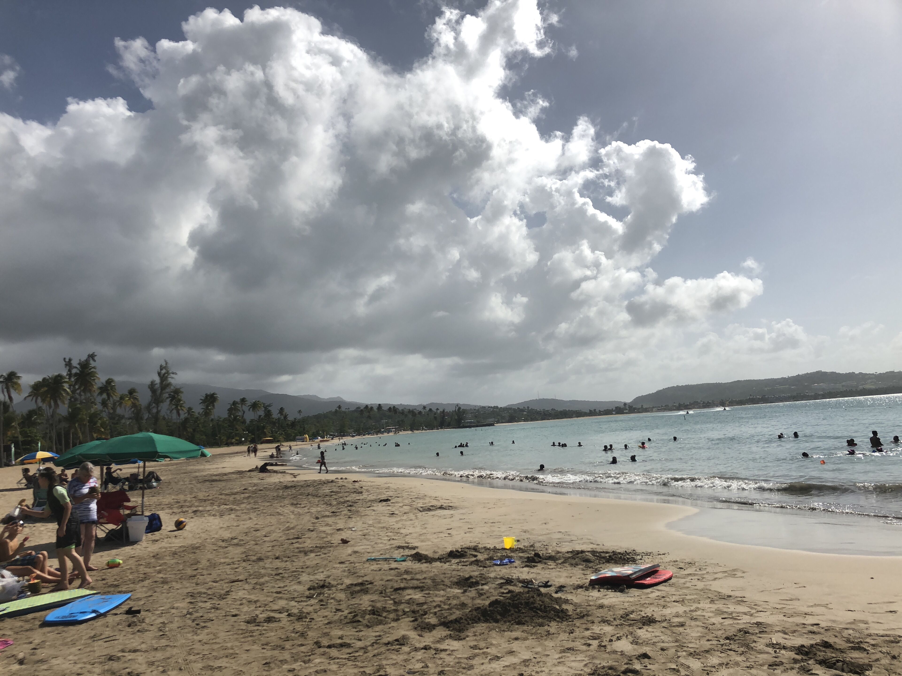 Una playa con gente nadando y tomando el sol, palmeras y un cielo nublado.