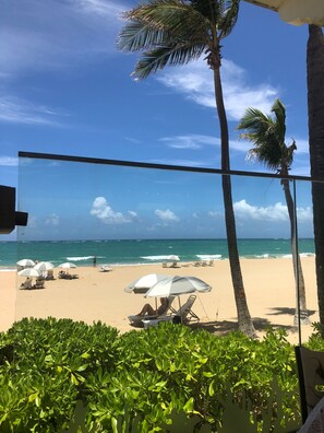 Playa en los alrededores, camastros y toallas de playa 