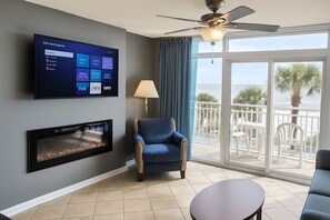 LED TV, fireplace, DVD player - Gorgeous Direct Oceanfront 2-BR Condo In The 2nd Floor in Broadwalk, Downtown MB (Myrtle Beach)