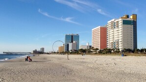 Ein Strand mit einem Steg, einem Riesenrad und Hochhäusern im Hintergrund.
