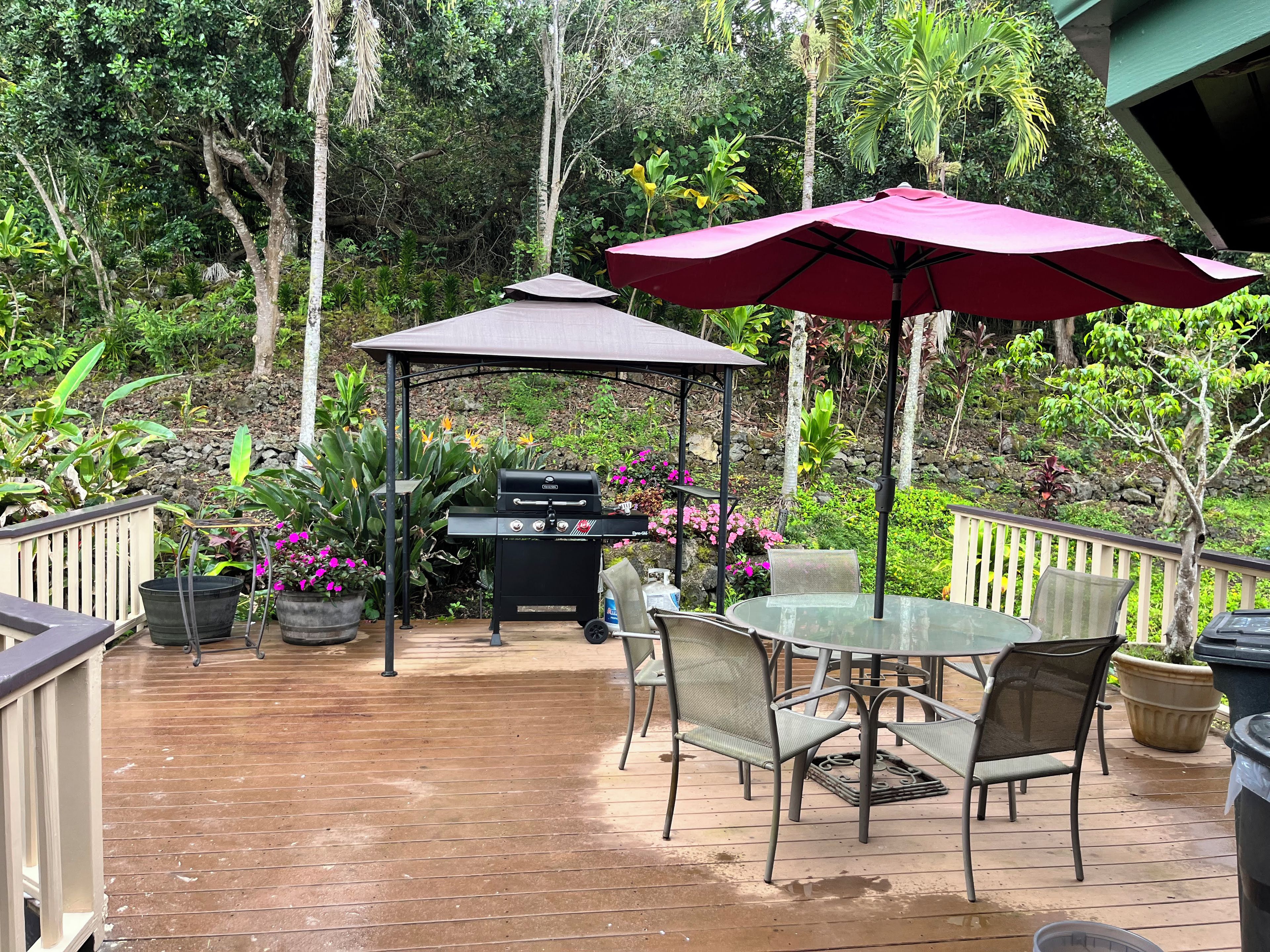An outdoor patio with a grill, seating area, and potted plants.