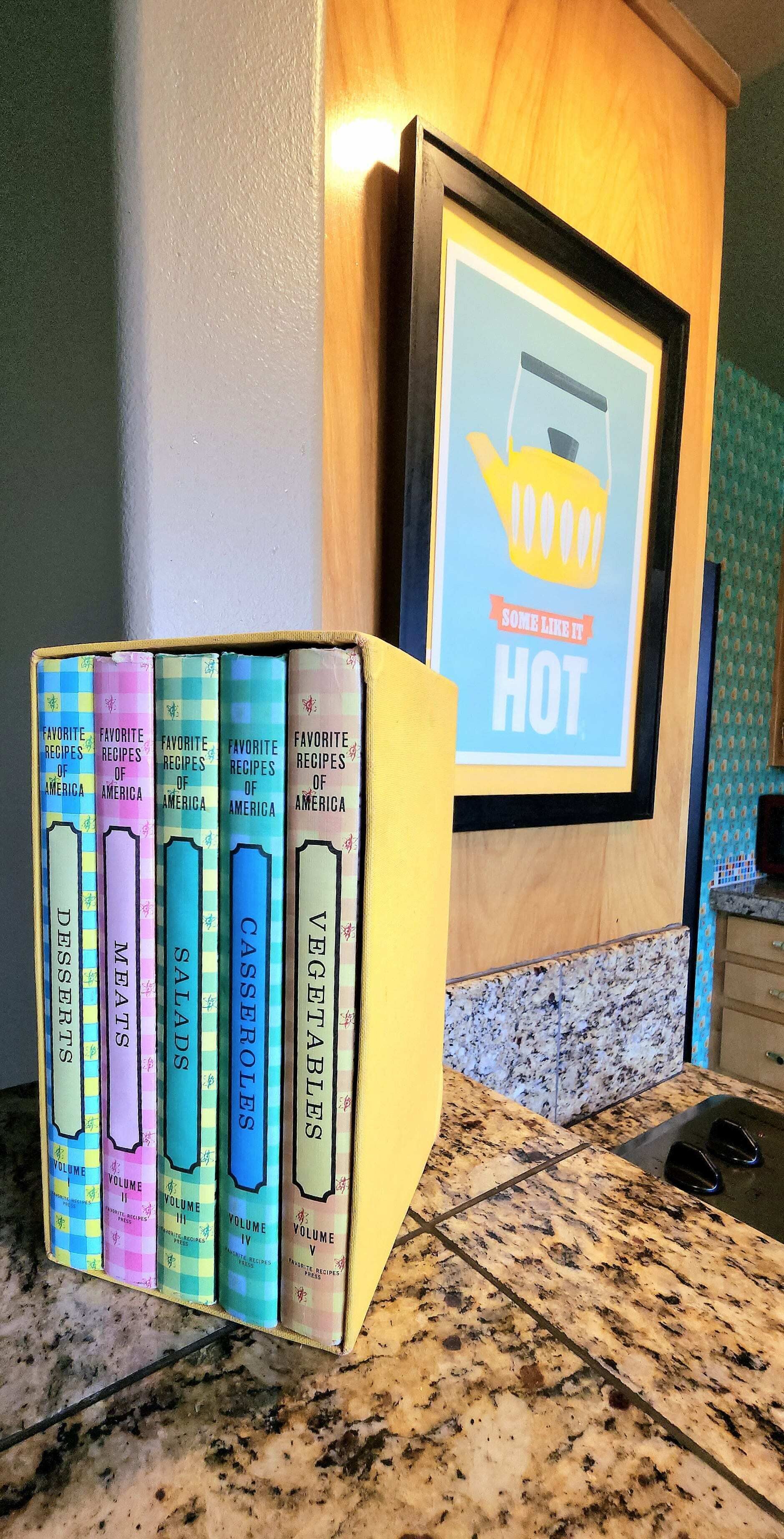 Een verzameling kookboeken met de titel 'Favorite Recipes of America' op een aanrecht.