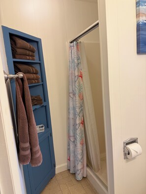 Shower, hair dryer, towels, soap