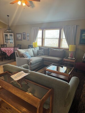Smart TV, fireplace, books