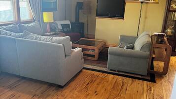 Smart TV, fireplace, books