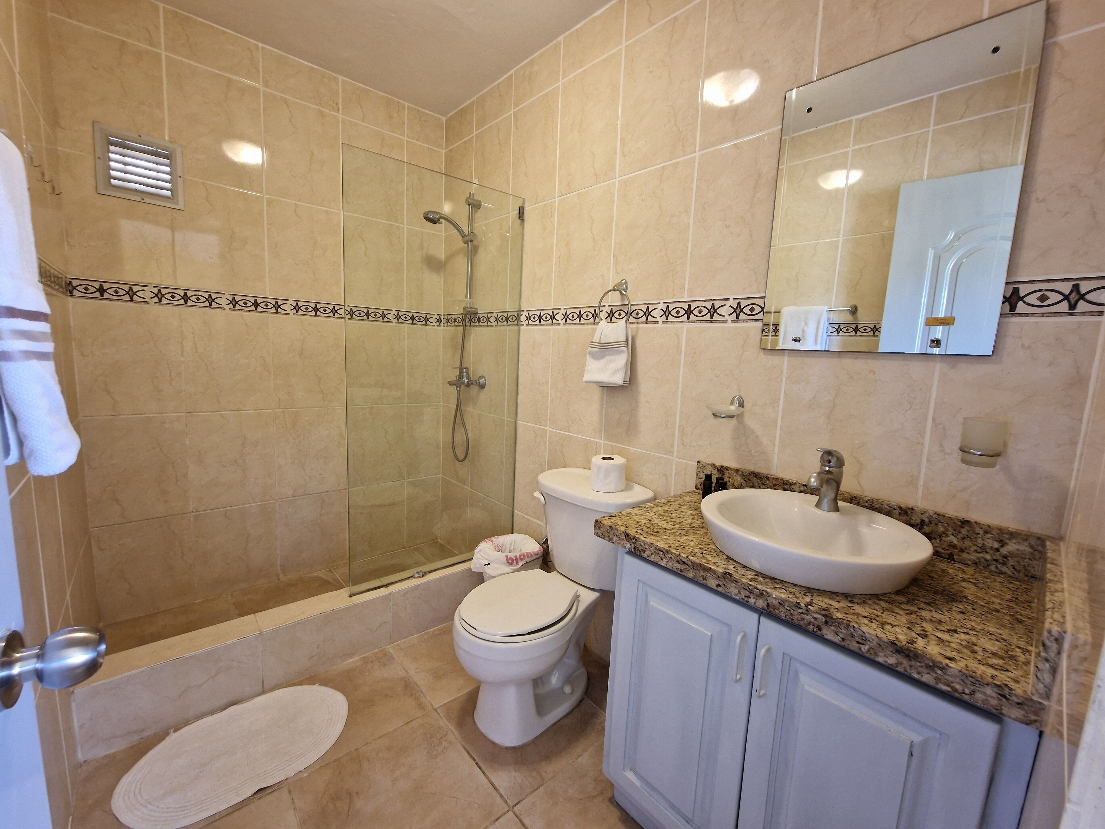 Shower, hair dryer, towels, soap