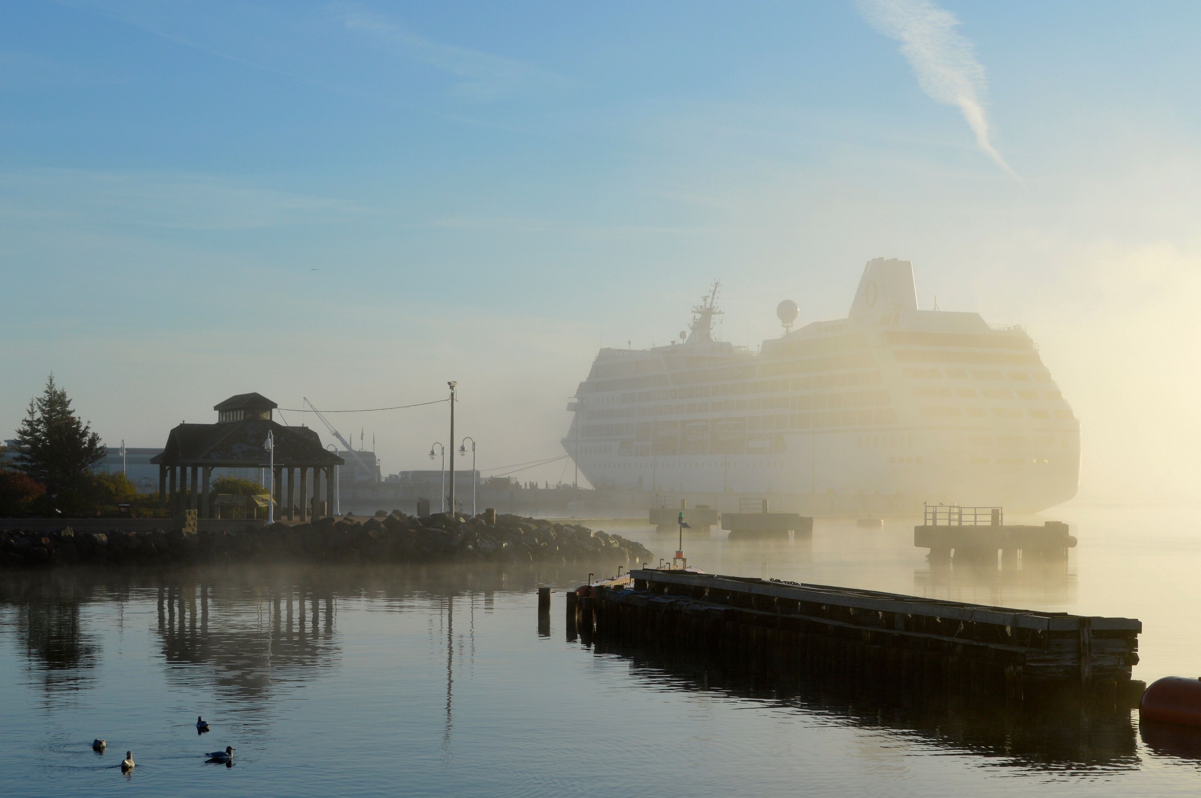 A large cruise ship docked at a pier with a gazebo and a small boat in the foreground.