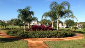 A landscaped garden with palm trees and flowering plants, a paved walkway, and a building in the background. - Pet-Friendly Fenced Home w/Pool & Spa Heat - 3 Miles from Disney (Kissimmee)