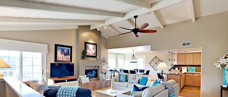 Smart TV, fireplace, DVD player, books