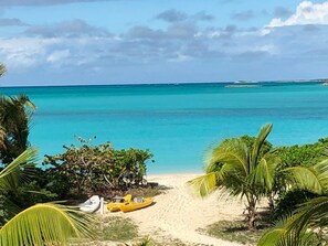 On the beach, sun loungers, beach towels
