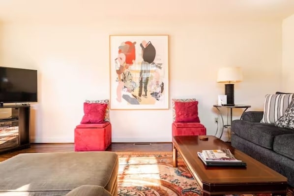 Smart TV, DVD player, books, video library