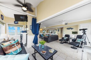 Smart TV, fireplace, video games, DVD player