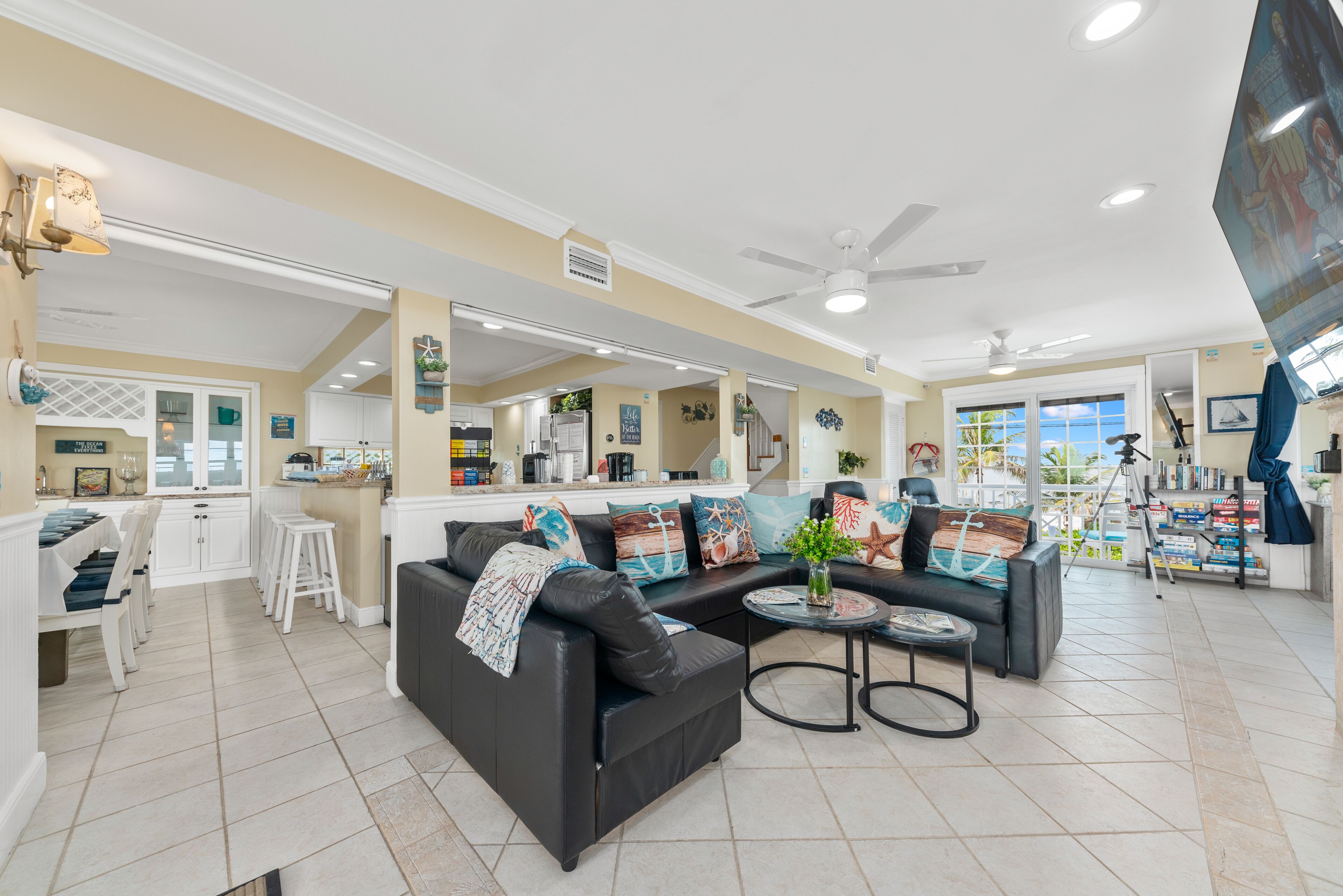 Smart TV, fireplace, video games, DVD player