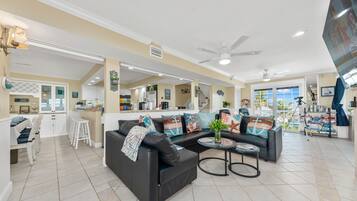 Smart TV, fireplace, video games, DVD player