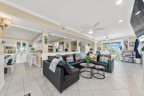 Smart TV, fireplace, video games, DVD player