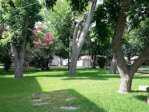 A residential area with trees, grass, and houses in the background.