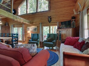 Smart TV, fireplace, DVD player, books