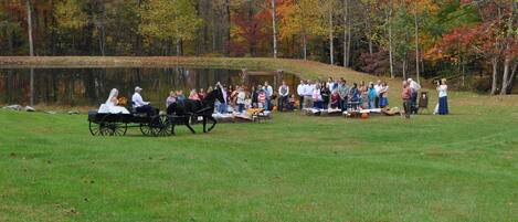 A group of people gathered around a lake with a horse-drawn carriage, trees with autumn foliage in the background.