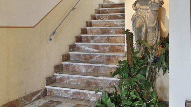 Un escalier en marbre avec une rampe, une statue et une plante en pot.