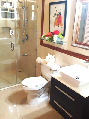 Ducha, secador de pelo, toallas y jabón