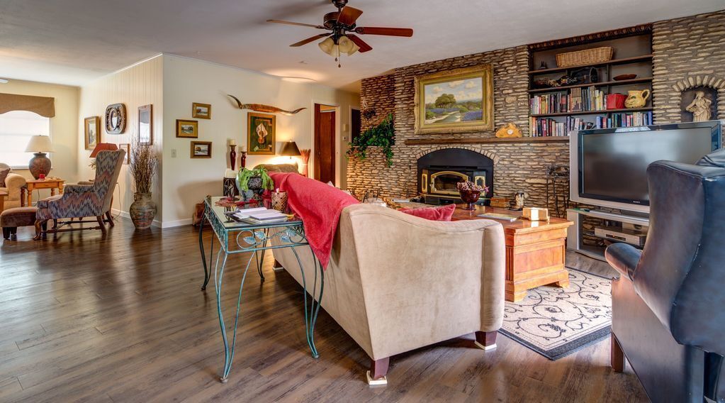 智能电视、壁炉、书、音乐库