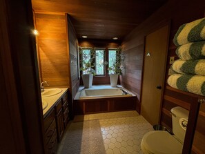Combined shower/tub, jetted tub, towels, toilet paper