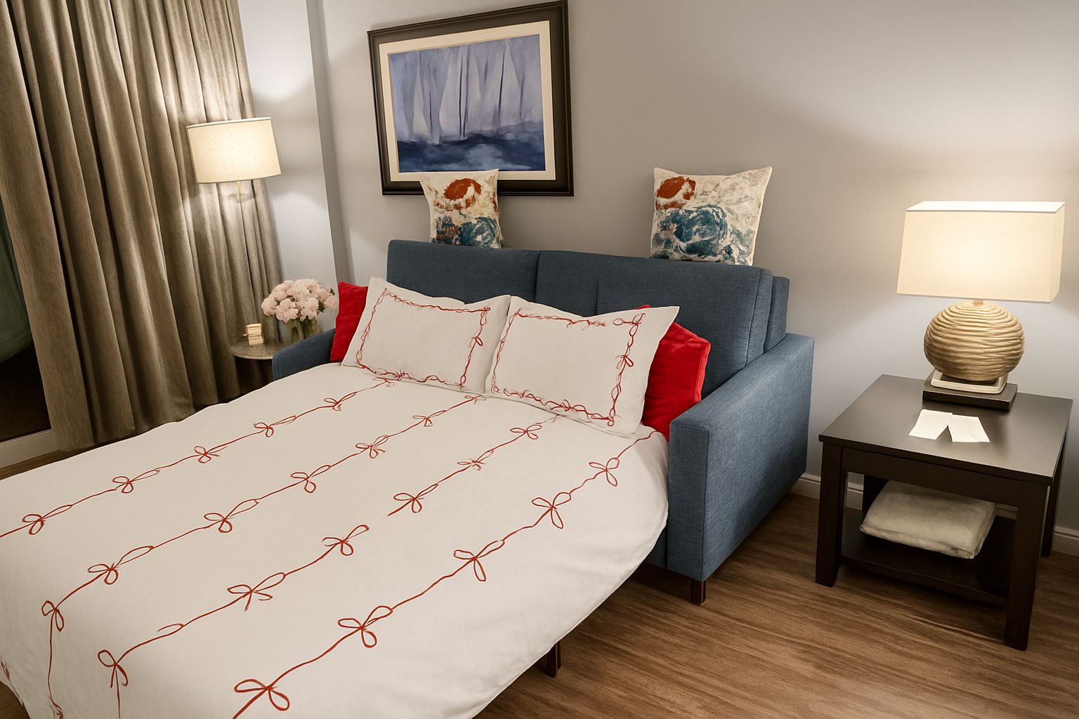 A hotel room with a bed, a nightstand, a lamp, a painting, and a view of the outdoors.