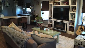 Smart TV, fireplace, DVD player, books