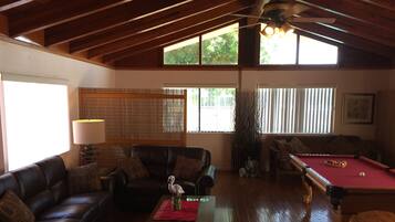 Smart TV, fireplace, video games, DVD player