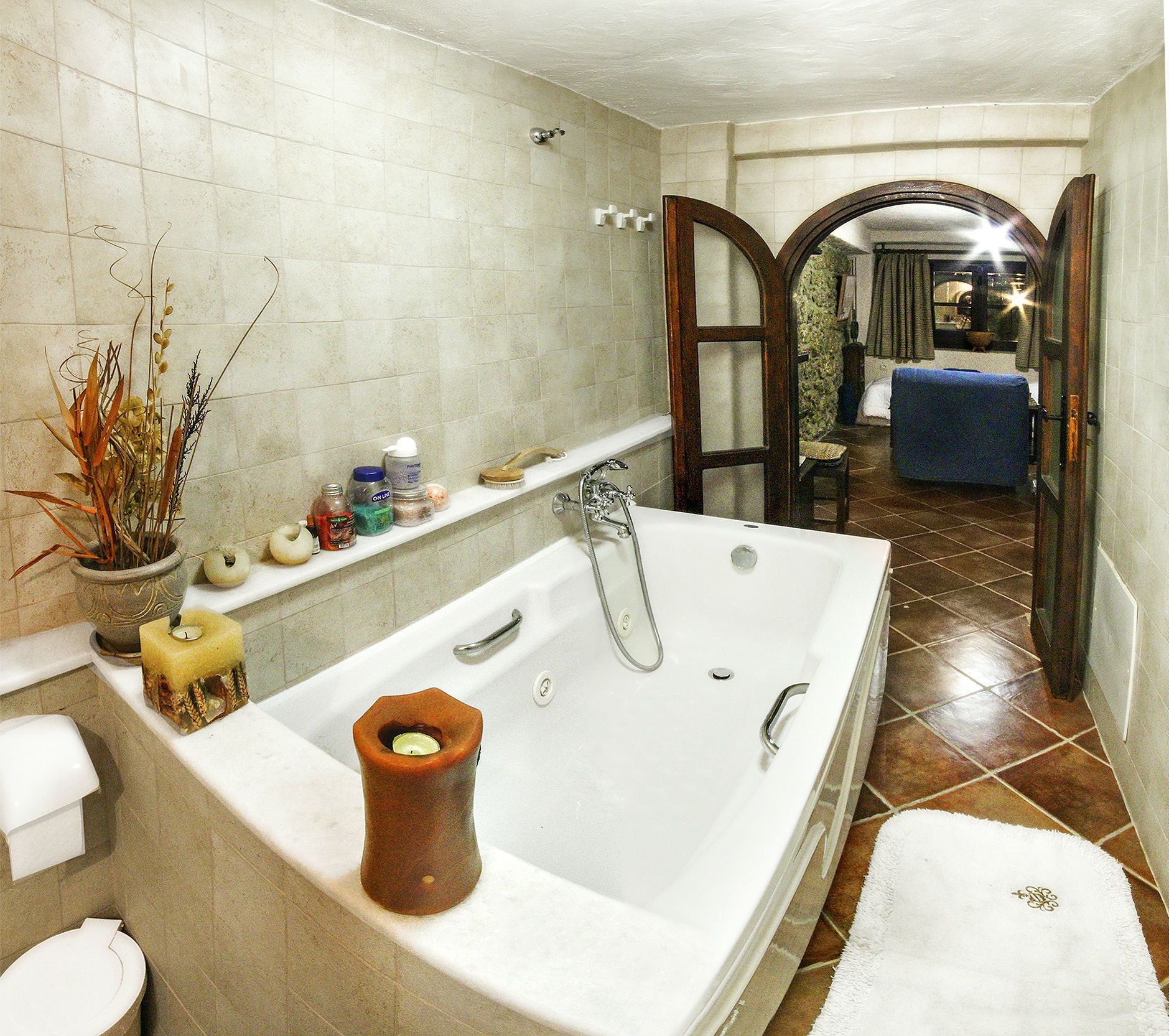 A bathroom with a large bathtub, a shower, a toilet, and a sink. There is a potted plant and various toiletries on the sink shelf.