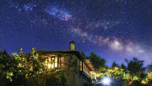 A rustic house with a visible staircase and a chimney, surrounded by greenery under a starry night sky. - Ampelos Estate (Aigialeia)