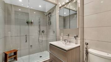 Shower, hair dryer, towels, soap