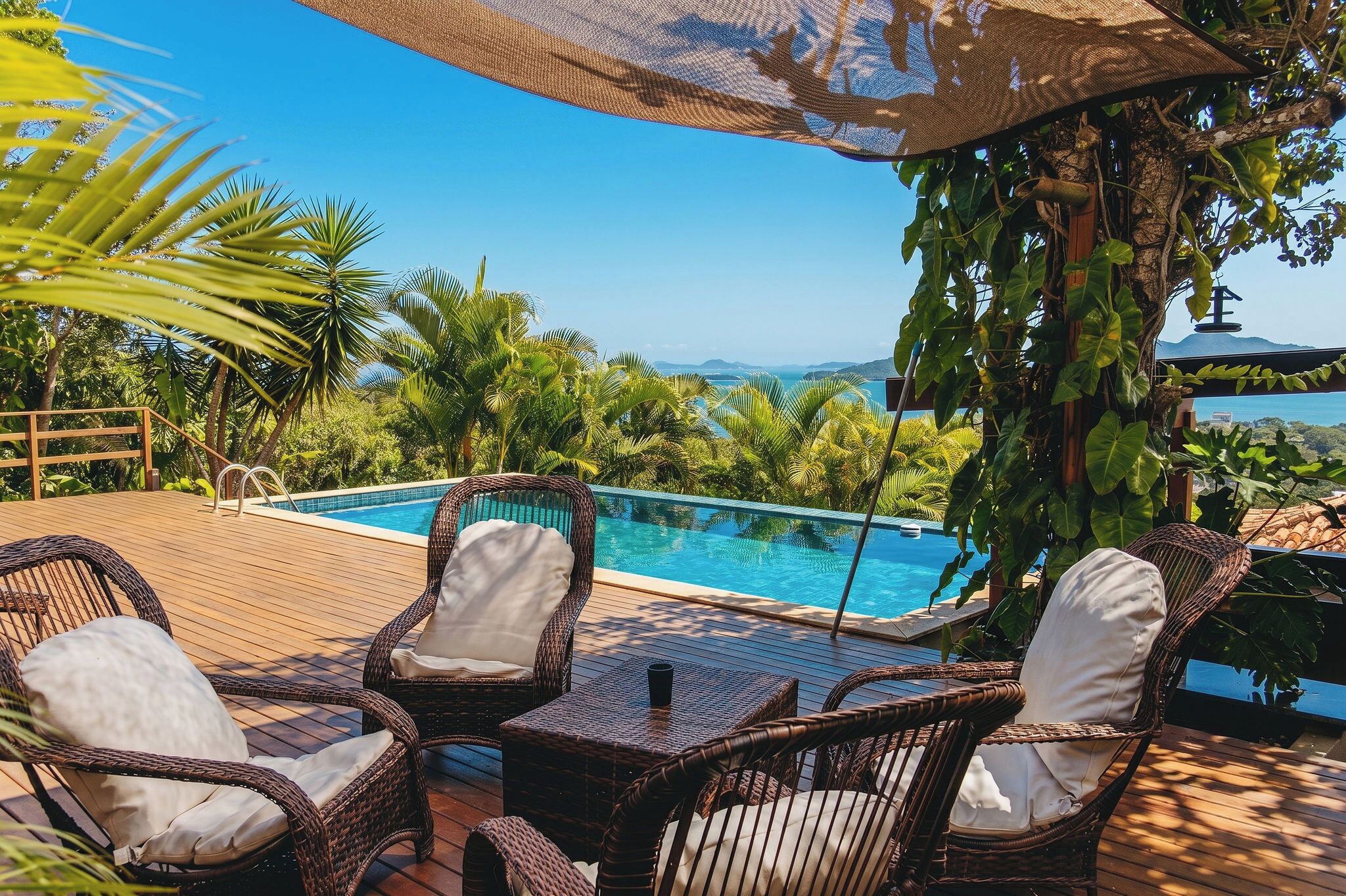 A poolside area with wicker furniture, a clear view of the sea, and lush greenery.