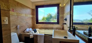 Combined shower/tub, hair dryer, towels, soap
