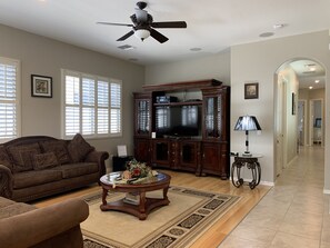 Smart TV, fireplace, video game console, DVD player