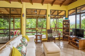 A living room with a sofa, chairs, a television, and a bookshelf. Large windows offer a view of the outdoors.