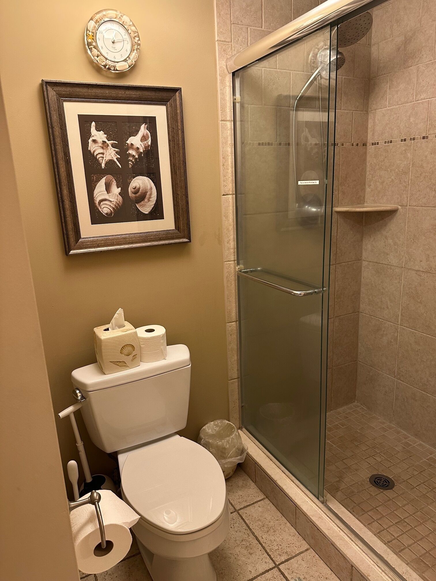 A bathroom with a toilet, a framed seashell artwork, and a glass-enclosed shower.