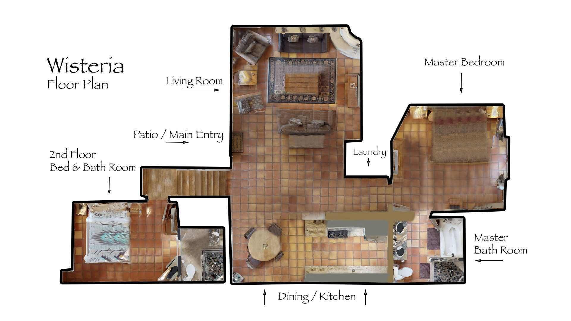 Plano de planta de Wisteria con habitaciones identificadas, incluyendo un dormitorio principal, baño principal, comedor/cocina, lavandería, sala de estar y un baño y dormitorio en el segundo piso.