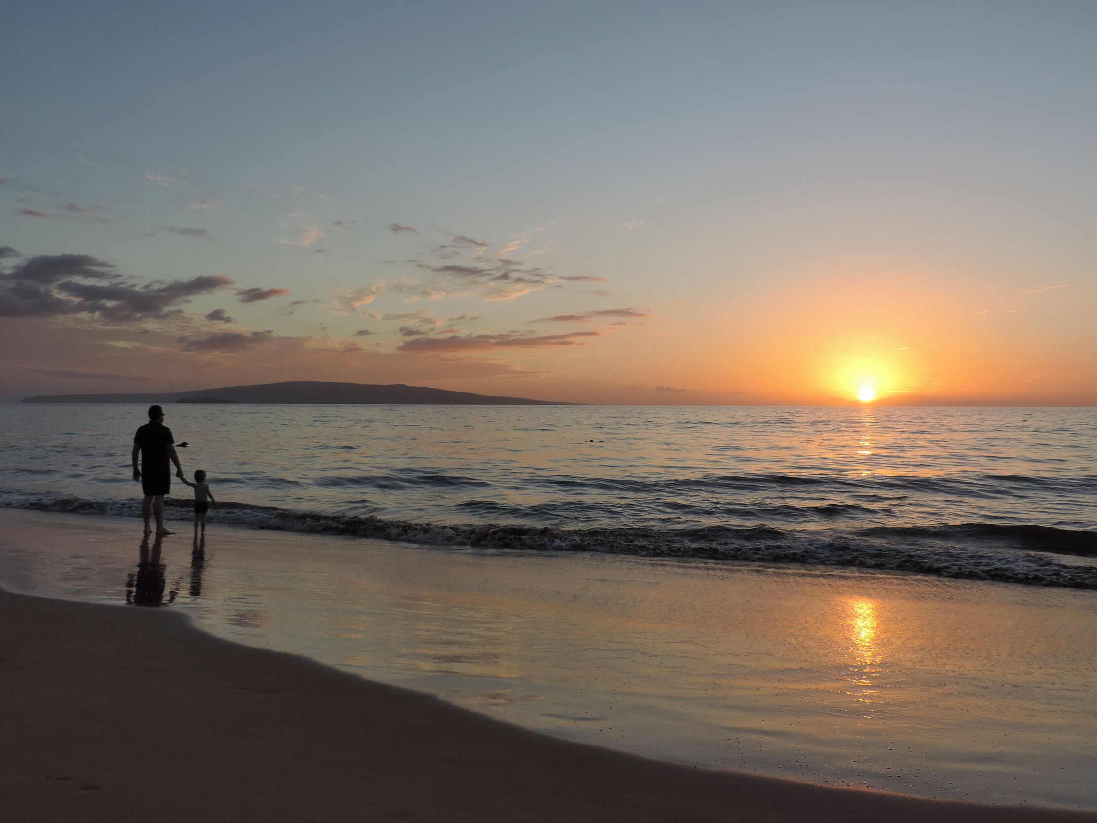 A beach scene with a sunset, calm sea, and a person holding a child's hand.