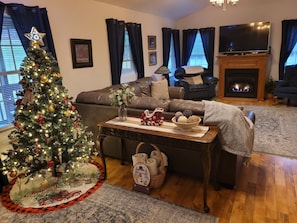 Een smart-tv, een open haard, een dvd-speler en boeken