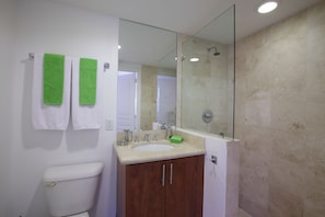 Shower, hair dryer, towels, soap