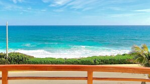 Blick auf die Küste mit einem Holgitter, blauem Himmel und dem Meer.