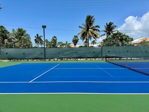 A tennis court with a net, surrounded by palm trees and a fence.