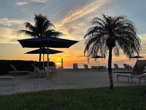 Un espace de détente au bord de la plage, avec des chaises longues et des parasols, des palmiers et une vue imprenable sur le coucher du soleil.