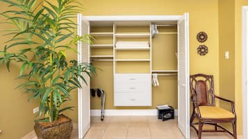 A room with a large potted plant, a wooden chair, a white storage unit with drawers, and a radiator.