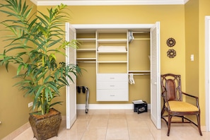 Una habitación con una planta grande en maceta, una silla de madera, un mueble blanco con cajones y un radiador.